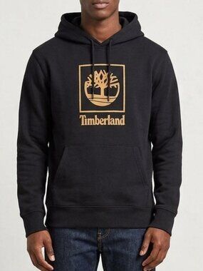 Timberland Black Stacked Box Tree Logo Men's Hoodie Sweatshirt Size M